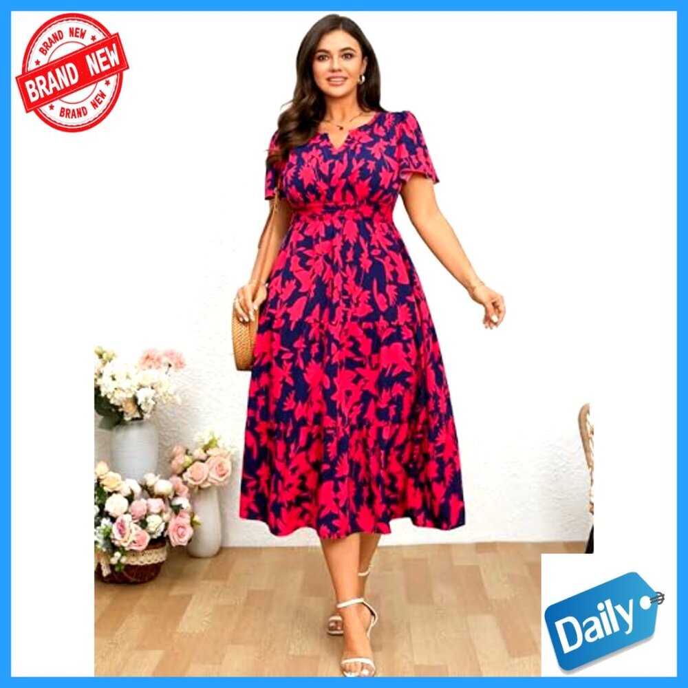 Plus Size Summer Maxi Dress V Neck Smocked Boho Floral Beach Wedding Guest - Picture 5 of 7